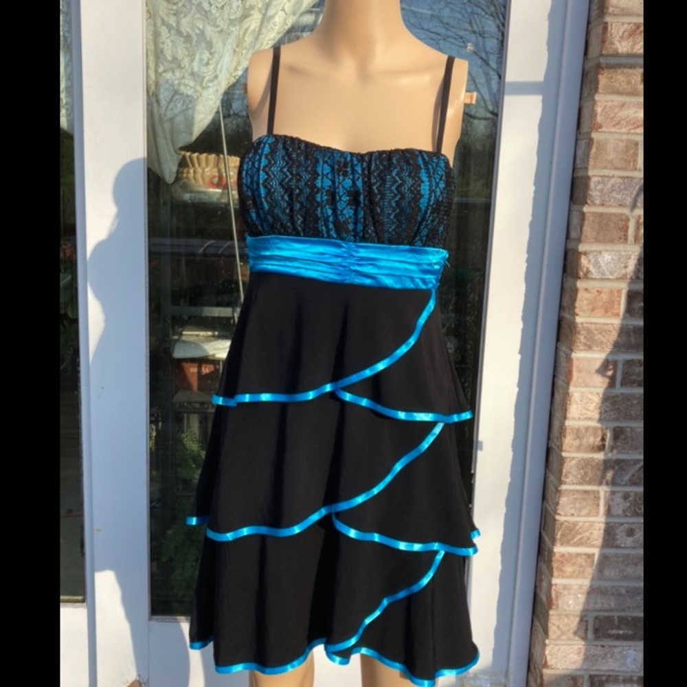 Y2K Goth Emo Punk Black and Blue Lace Ruffle Tiered Prom Formal Mini Dress